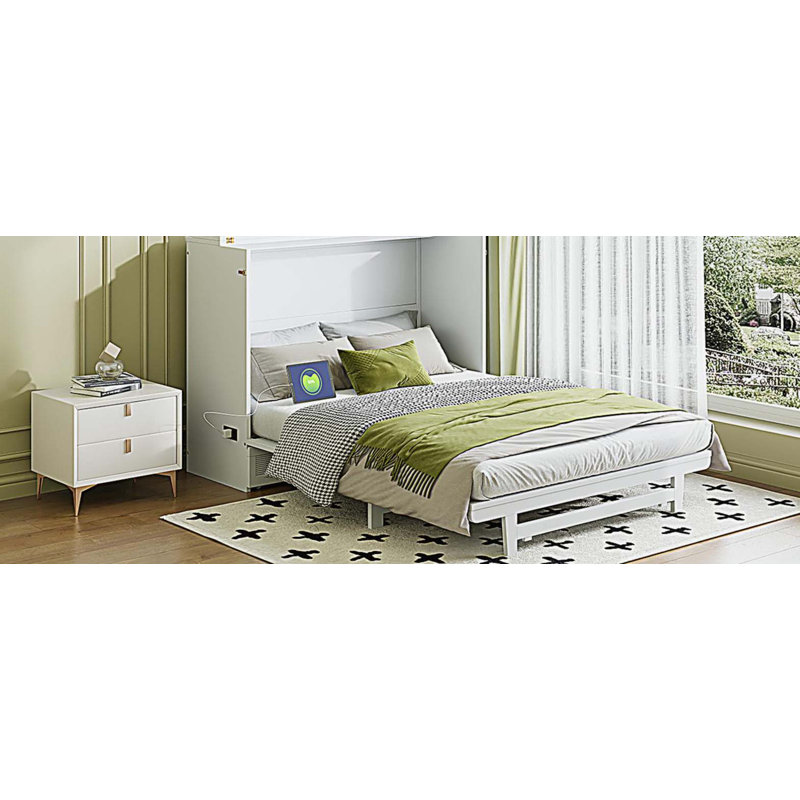 Lit escamotable double avec grand tiroir, ports et prises USB, blanc, Lit double, Blanc