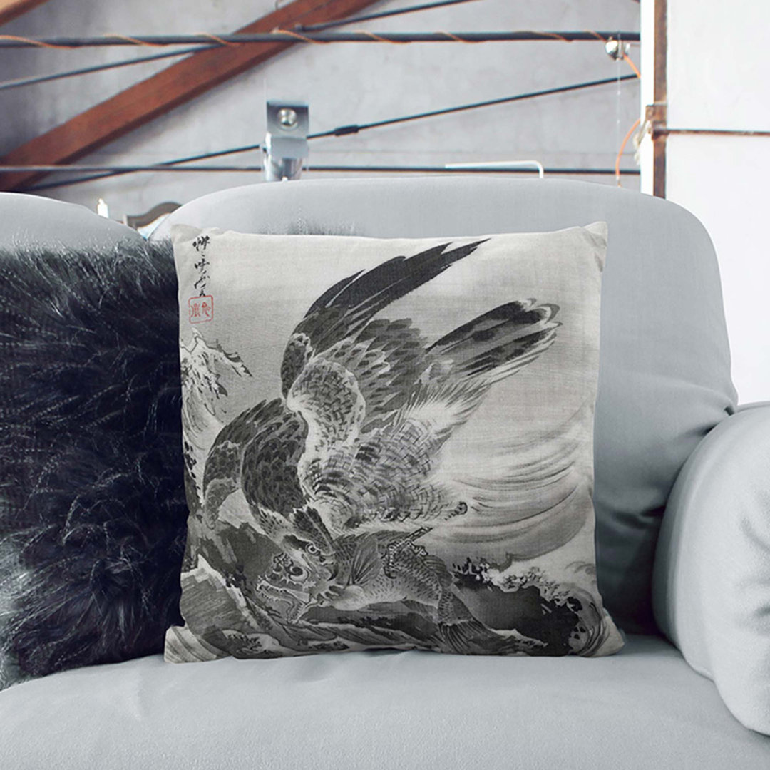 Eagle Attacking Fish by Kawanabe Kyosai Cushion with Filling