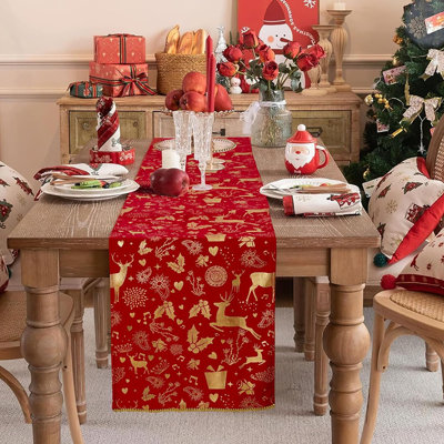 Chemin de table en velours - rouge et or - Décoration de Noël et d'hiver avec des cerfs et des flocons de neige pour la maison, la cuisine et la salle à manger
