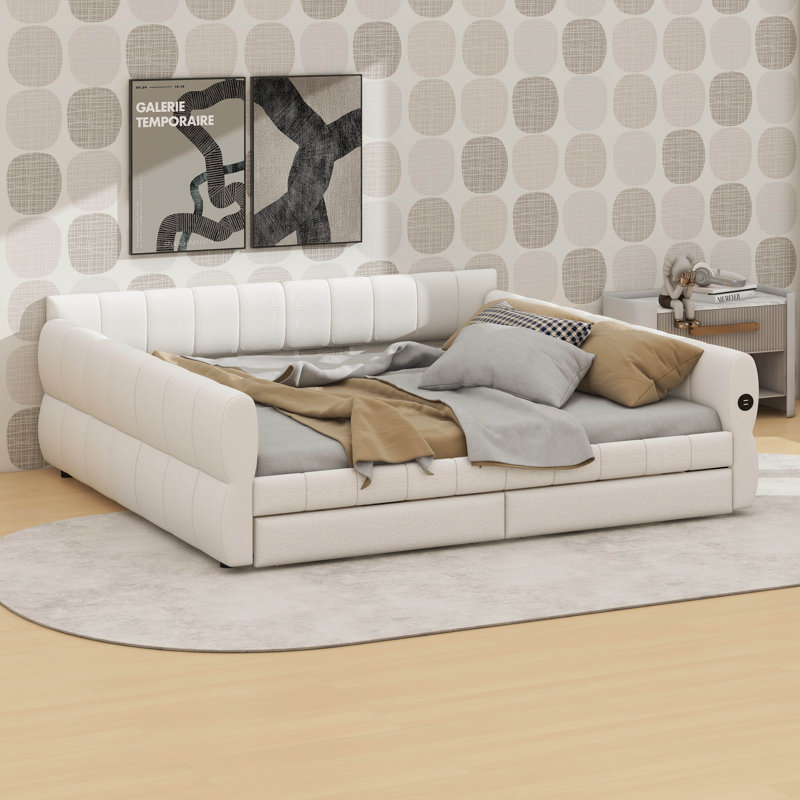Très grande structure de lit plateforme tapissier avec ports USB et 2 tiroirs de rangement, structure de lit de jour moderne en tissu de laine d'agneau avec accoudoirs