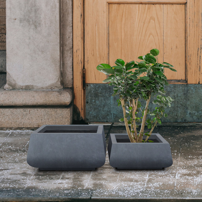 Wurster 2 Piece 21.2" and 16.1"W Square Charcoal Finish Lightweight Concrete/Fiberglass Planters with Drainage Holes (Set of 2), Outdoor Indoor Modern Plant Pots Set