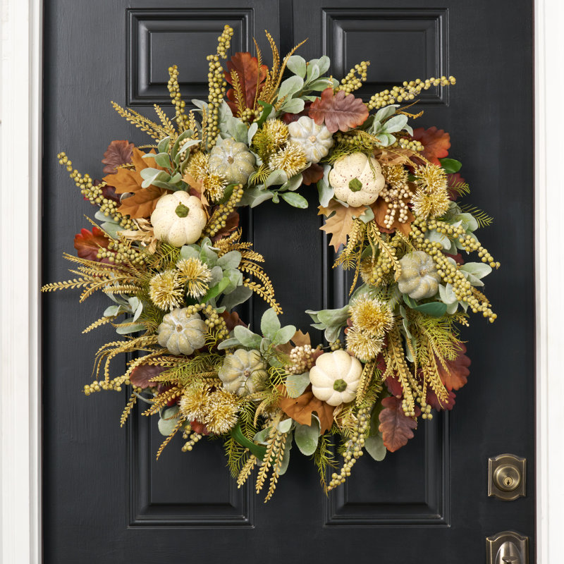 Lamb's Ear, Oak Leaf, Mixed Pumpkin & Berry Front Door Fall Front Door Wreath