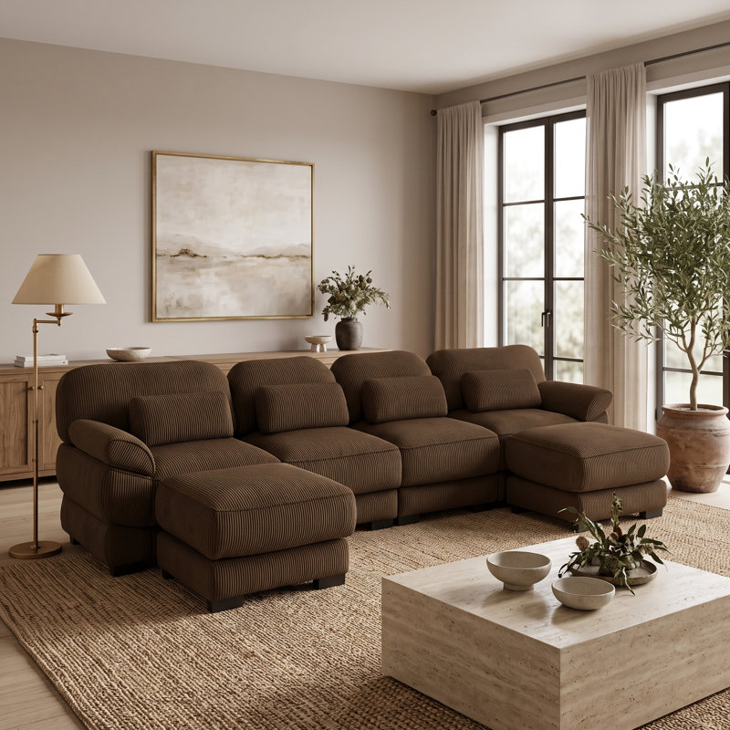 Canapé d'angle modulaire 4 places en velours côtelé marron en forme de U avec 2 poufs amovibles et assises profondes