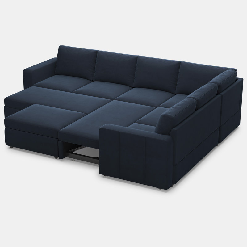 Canapé modulaire escamotable en U avec grand canapé-lit modulaire et repose-pieds avec rangement, Velours bleu