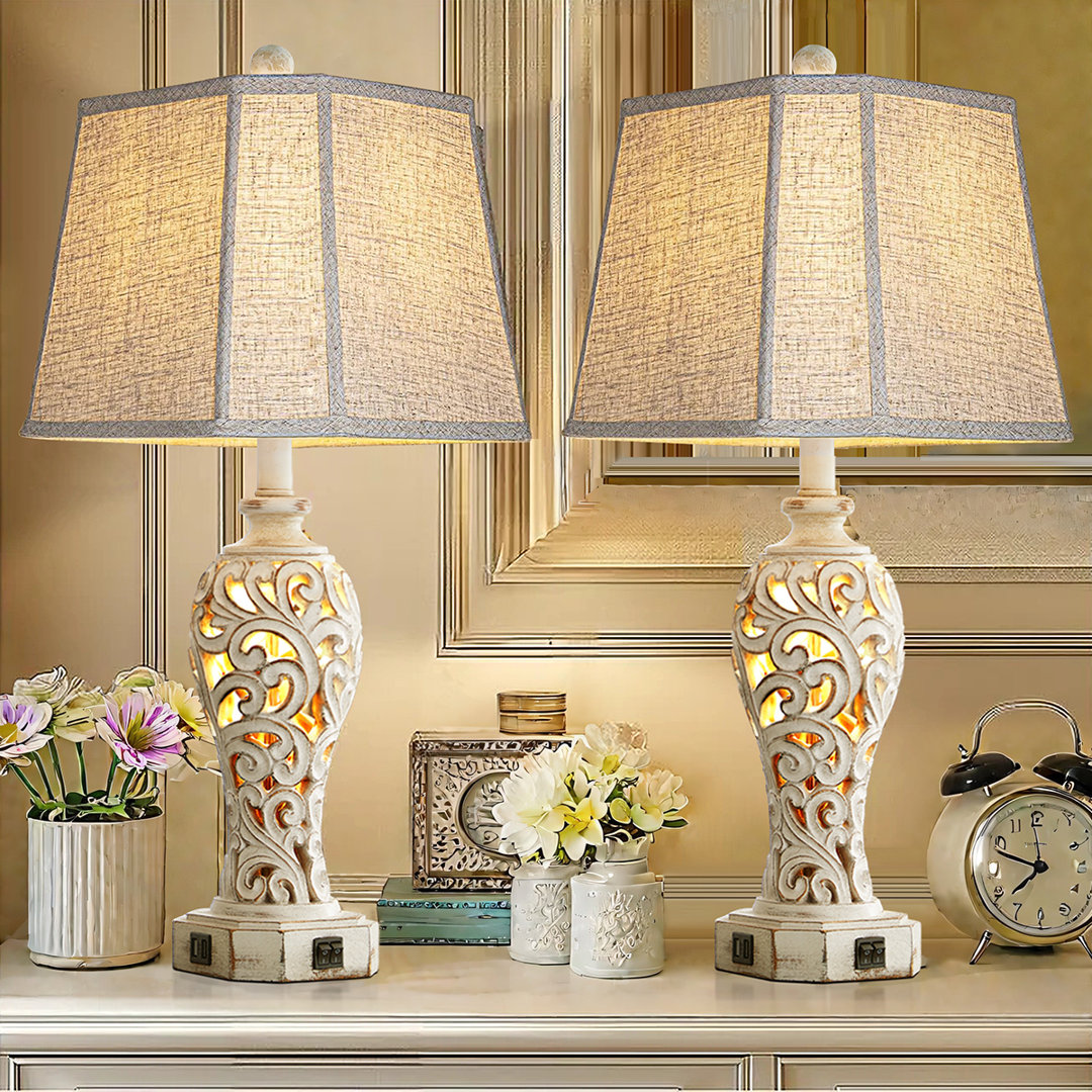 Hettel 25" Resin Carved Table Lamp Set With Night Light And USB Ports Ivy Bronx