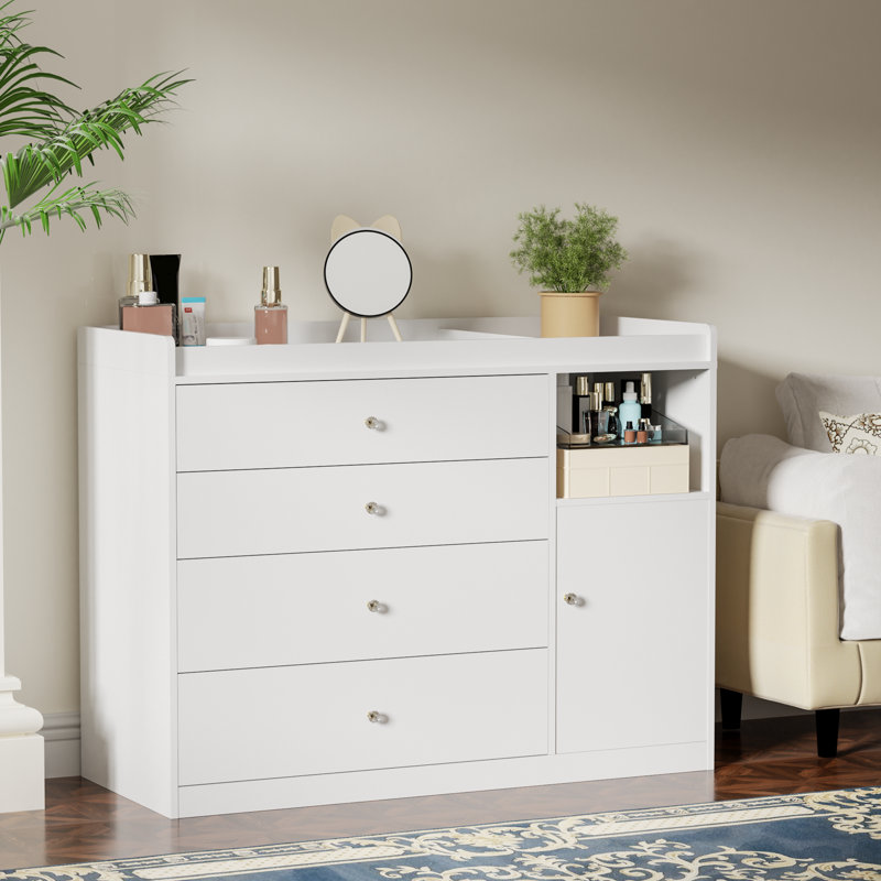 45.3'' Dresser for Bedroom with 4 Storage Drawers, Small Dresser Chest, Dresser for Closet with Wood Top, White