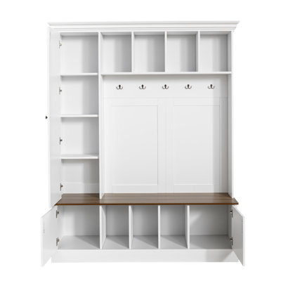 62.2''W Farmhouse Hall Tree with Shoe Storage Bench, Entryway Coat Rack with 5 Hooks, Adjustable Shelf Cabinet with Drawers for Hallway, Entryway, Liv