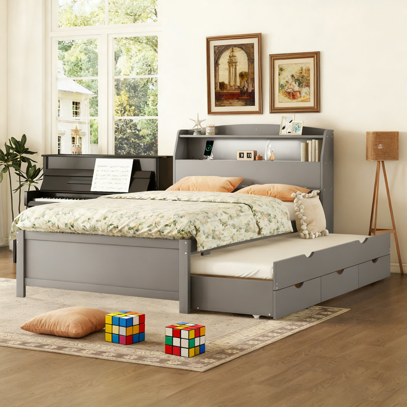 Lit plateforme double en bois avec lit gigogne, tête de lit et tiroirs, Gris