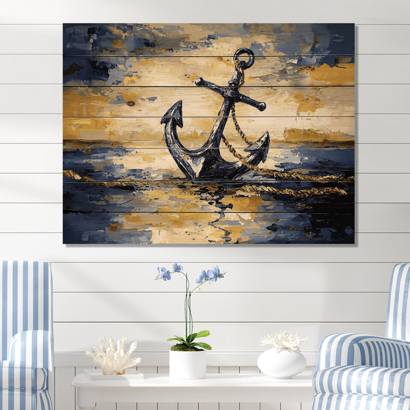 Coastal Anchor Into The Ocean - Art mural en bois nautique sur bois de pin naturel, H 24 po x l 32 po