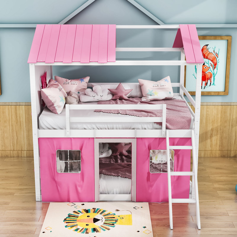 Sherick Wood Bunk Bed with Windows and Tent, Full Over Full, Pink