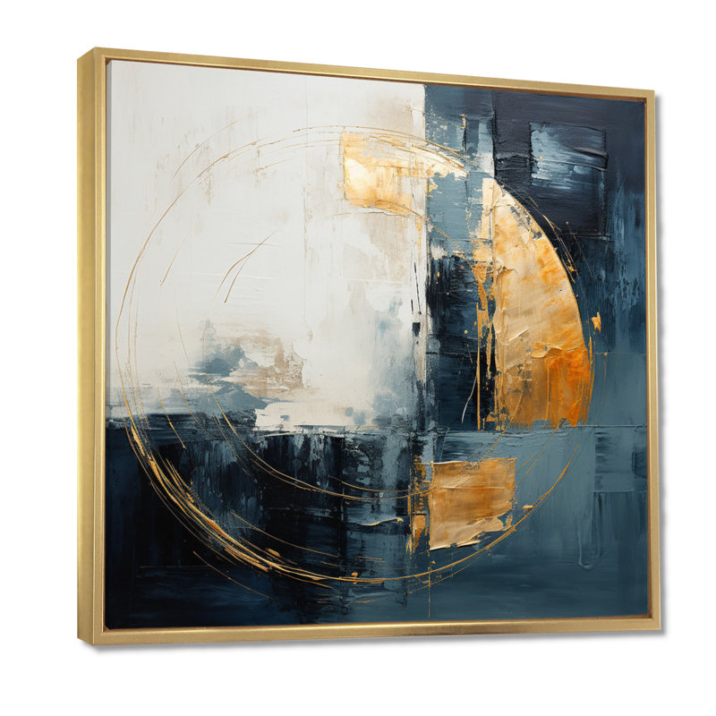 Décoration murale murale turquoise or blanc demi-lune - Minimalisme, H 30 po x l 30 po x P 1 po, Toile avec cadre flottant or