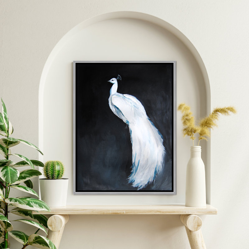 Nature Inspired Alabaster Majesty: White Peacock Against The Night, 40" H x 30" W