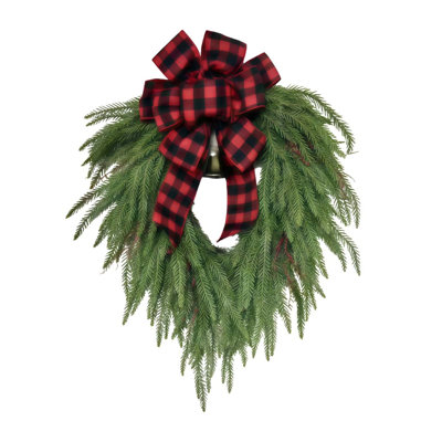 Christmas Wreath for Front Door, Real Touch Artificial Norfolk Pine Christmas Wreath, Christmas Door Wreath with Bow Design Pine Needle Garland with Bell, Lifelike Soft Pine for Indoor & Outdoor Holiday Decor Christmas Decoration