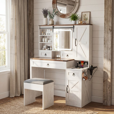 Ensemble de bureau de meuble-lavabo blanc avec miroir coulissant, lumières, station de charge, plateau en verre, 4 tiroirs et 2 armoires, tabouret inclus