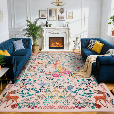 Washable Area Rug, Non-Slip Low Pile Stain Resistance Rug with Peacock and Deer, Animal Carpet for Living Room, Bedroom, Dining Room
