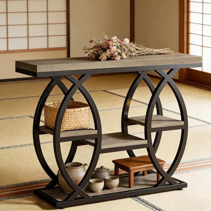 Console de 39 po avec tablettes de rangement, table de chevet étroite à 4 niveaux, table d'entrée industrielle pour petits espaces