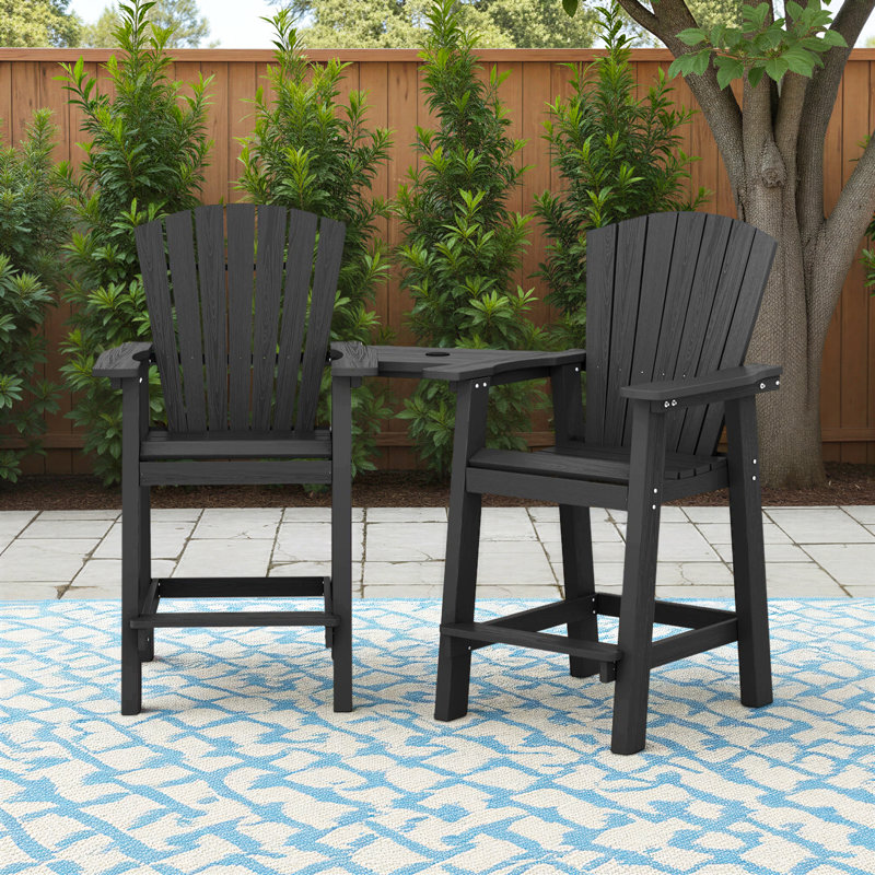 Wolak HDPE Outdoor Adirondack Chair Set With Detachable Tray, Black