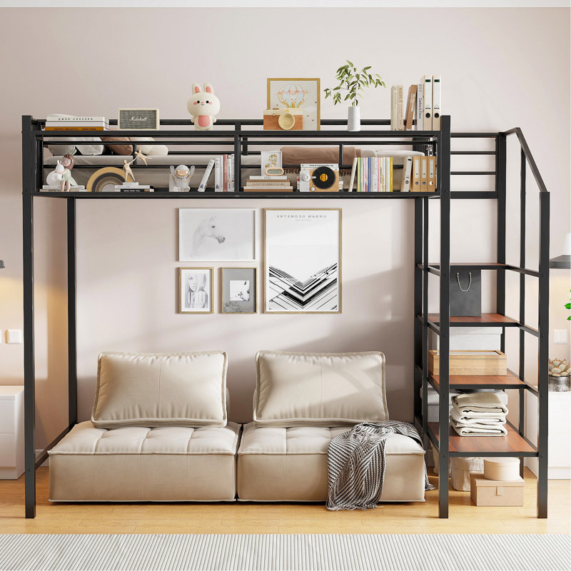Lit mezzanine simple en métal avec tablette supérieure et échelle de rangement latérale, Noir