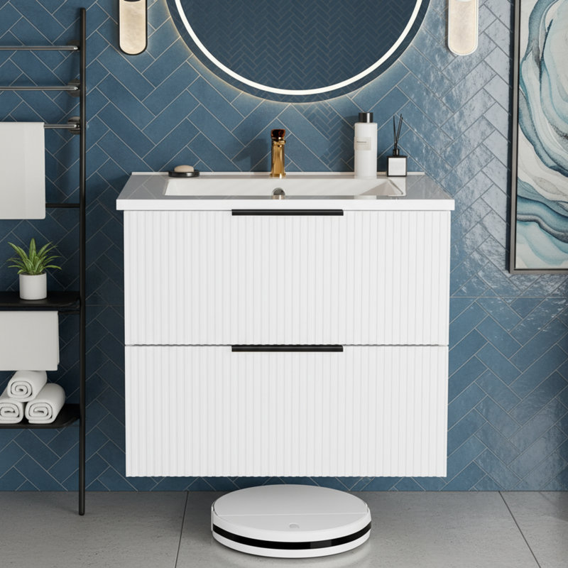 Meuble-lavabo mural moderne 24 po blanc avec lavabo et tiroirs en céramique