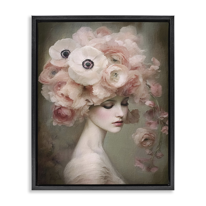 «Woman & Blush Florals», art mural encadré par RileyB, Cadre flottant noir de jais, H 31 po x l 25 po