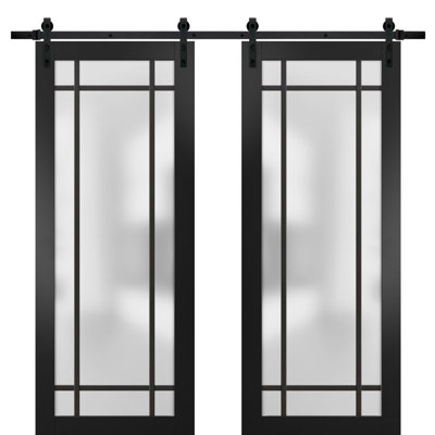 Porte de grange double robuste avec verre dépoli Planum 2112, rail noir mat de 4 m (13 pi), porte intérieure moderne à panneaux pleins - 183 cm x 213 cm (72 po x 84 po) (2 x 91 cm x 213 cm) - Rail noir