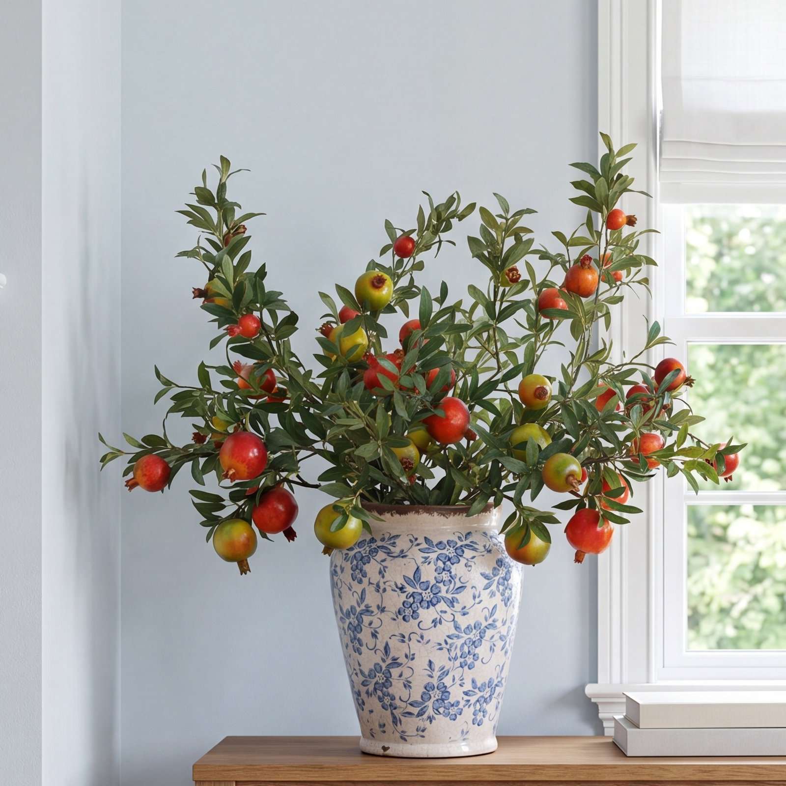 Big Fruit Faux Pomegranate Stem 32" Tall, Green