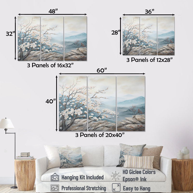 Ensemble de salon art japonais avec cornouiller Flowers Hill IV, Toile tendue, H 32 po x l 48 po x P 1 po