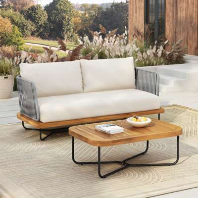  Causeuse d'extérieur tissée en corde d'acacia avec table basse, structure durable et coussins confortables, beige
