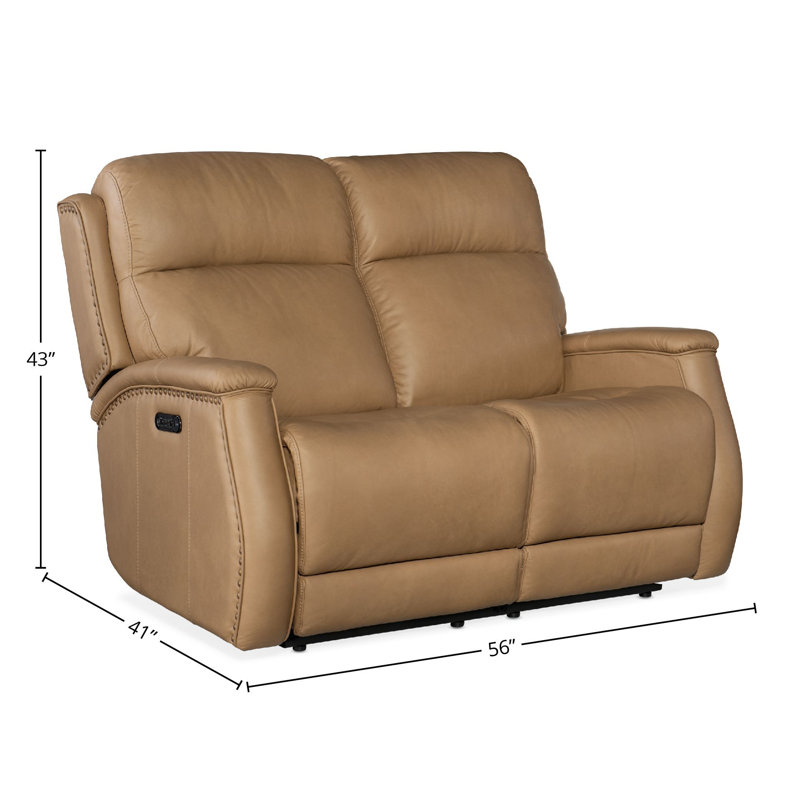 MS 56" Genuine Leather Power Reclining Loveseat, Cuir véritable brun miel