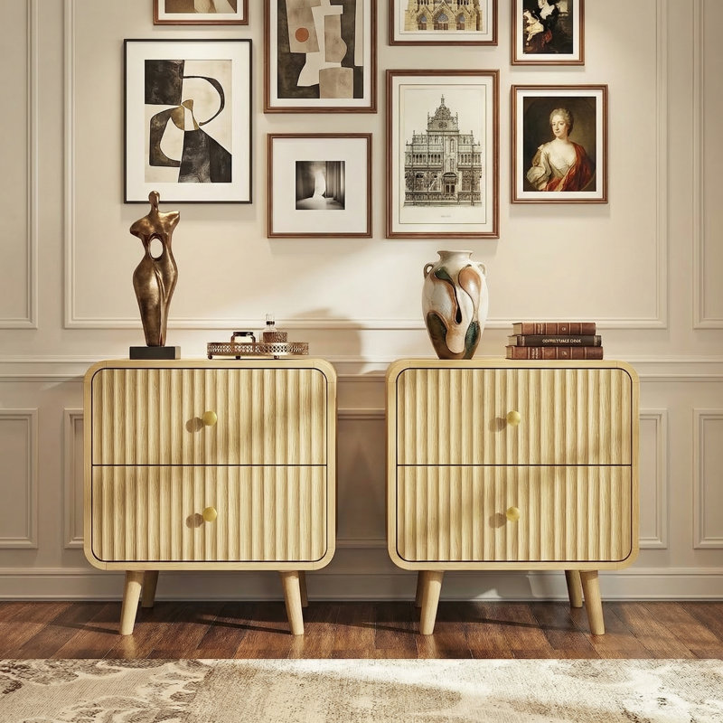 Set of 2 Modern Fluted 2-Drawer Nightstands with Solid Wood Legs, Oak