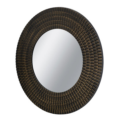 D26.5" Round Black & Gold Wooden Accent Mirror – Woven Texture Design, 9Lbs Mdf-Mirror Blend Decor For Living Room/Bedroom/Office