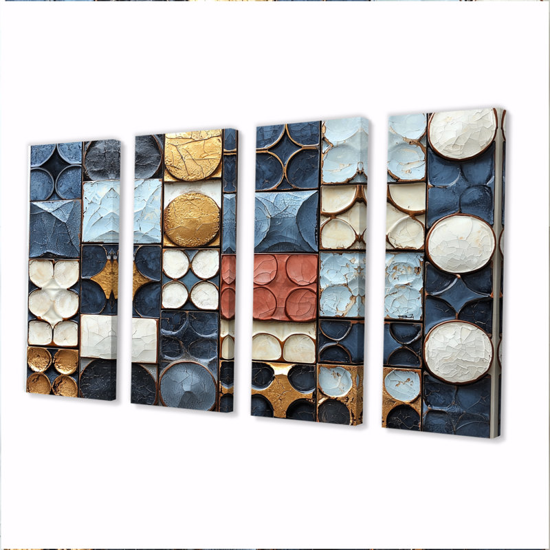 «Abstract Blue and White Rhythms Tiles II», ensemble d'art mural sur toile, H 28 po x l 48 po