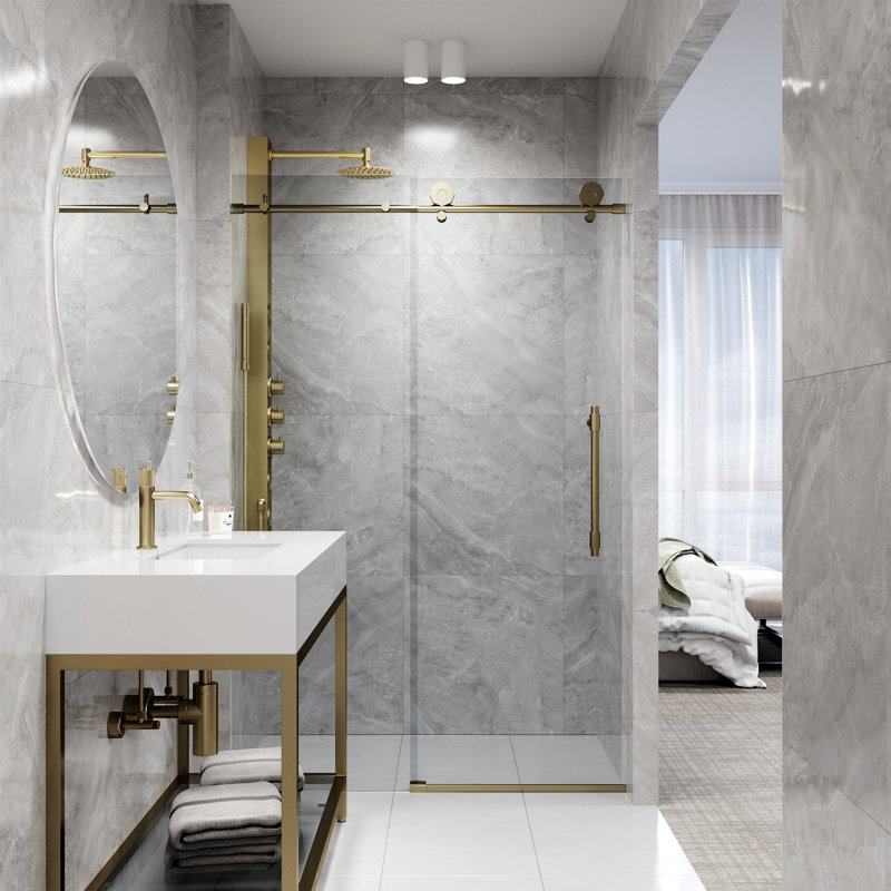 Elan Hart 56-60" W x 76" H Sliding Frameless Shower Door with 3/8" Clear Glass, Matte Brushed Gold