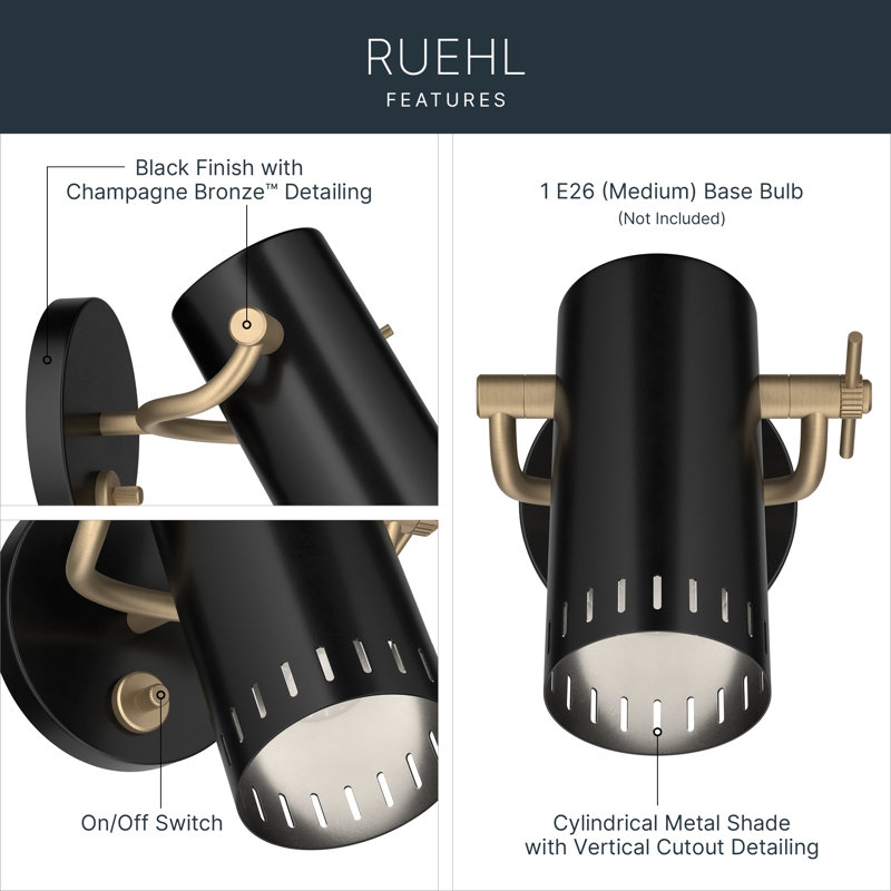 Ruehl 7.25-inch 1-Light Adjustable Wall Sconce in Black with Champagne Bronze Accents, Black