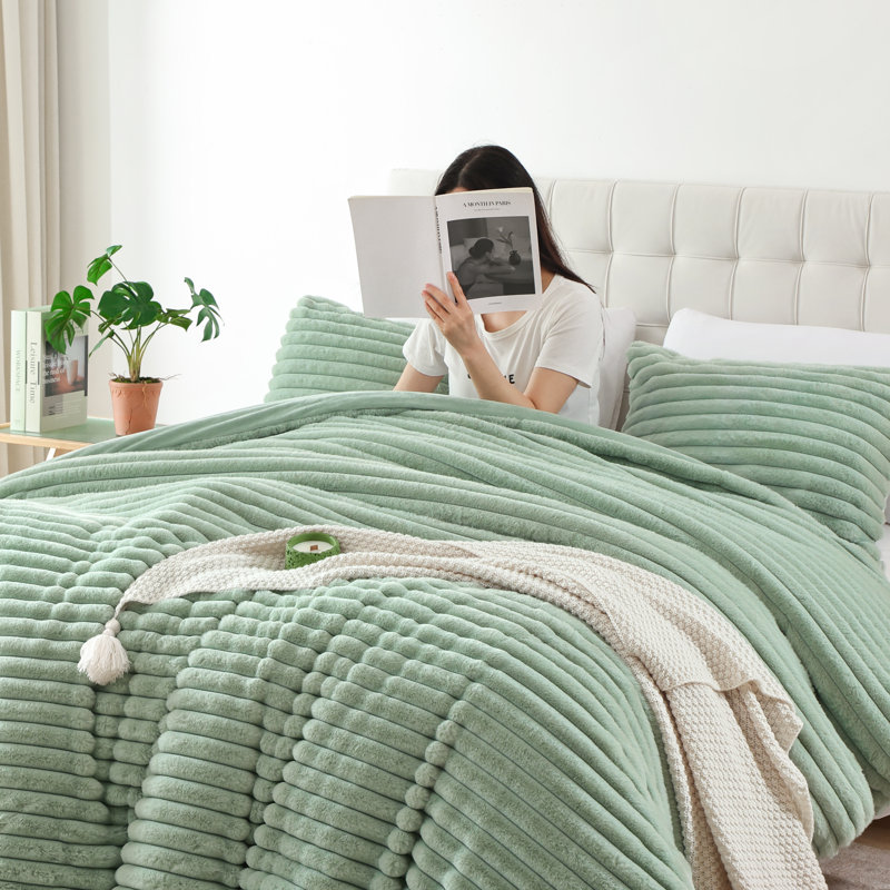 Fluffy Comforter Set 2 Pieces- All Seasons Heavy Faux Fur Comforter With One Pillowcase, Sage Green