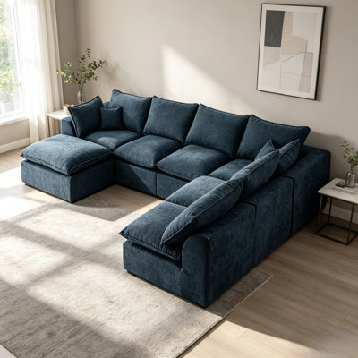 Cloud Sectional Couch，L Shaped Modular Sofa, 6 Seater Boneless Couch with 1 Deep Seat Movable Ottoman， No Assembly, Blue