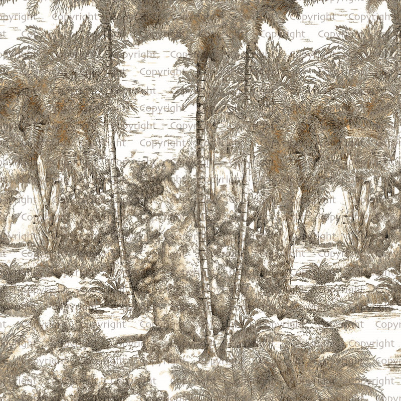 Papier peint tropical monochrome dessiné à la main Jungle, Brun, L 54,96 po x l 81 po