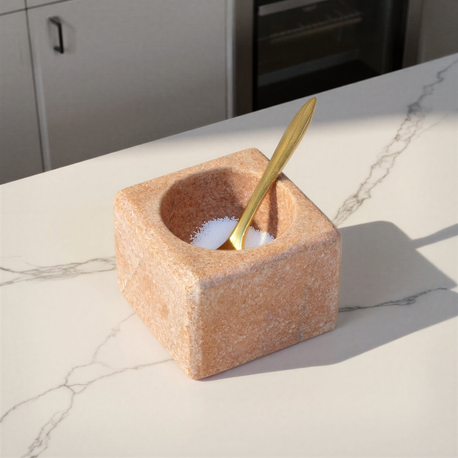Fenster Square Marble Bowl with Brass Spoon, Pink