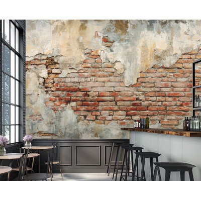 Peel and Stick Wallpaper Exposed Red Brick Wall Peeling Gray Plaster Wall Murals 69"H x 96"W Removable PVC Wall Paper Self-Adhesive Wall Decor for Bedroom Living Room Home Office