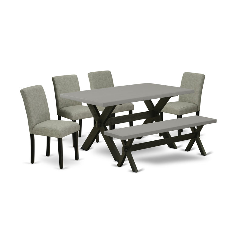 6 Piece Dining Room Set Contains a Rectangle Dining Table with X-Legs and 4 Shitake Linen Fabric Parson Chairs with a Bench, Wire brushed Black