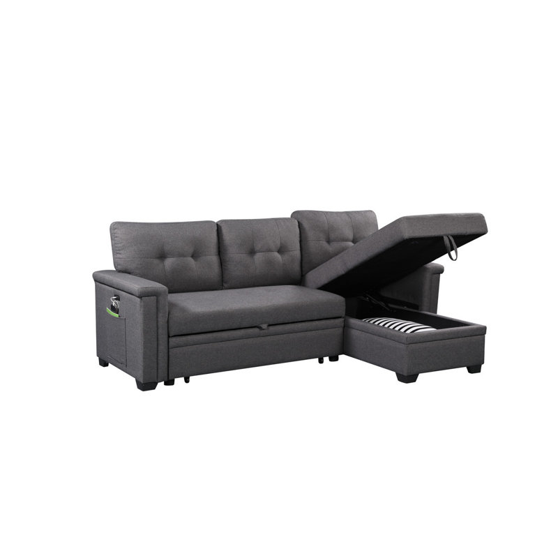 Nathan 84" Dark Gray Reversible Sleeper Sectional Sofa With Storage Chaise, USB Charging Ports And Pocket, Dark Gray Linen