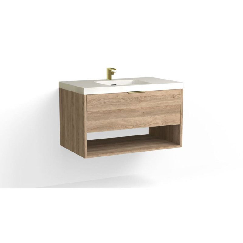 Modo 36" W Wall Mounted Single Bathroom Vanity, Matte Black, White Acrylic, Glossy White/Single