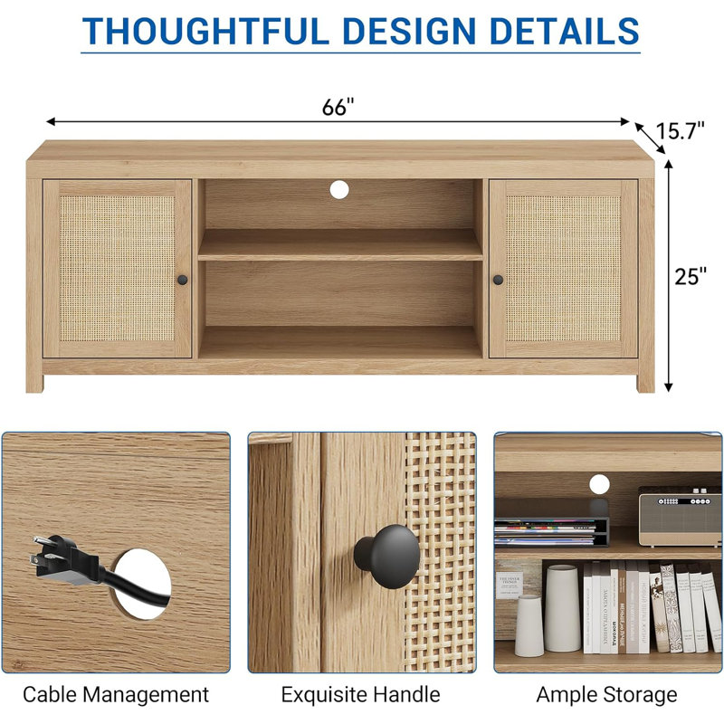TV Stand for 65 Inch TV with Rattan Doors, Natural Wood