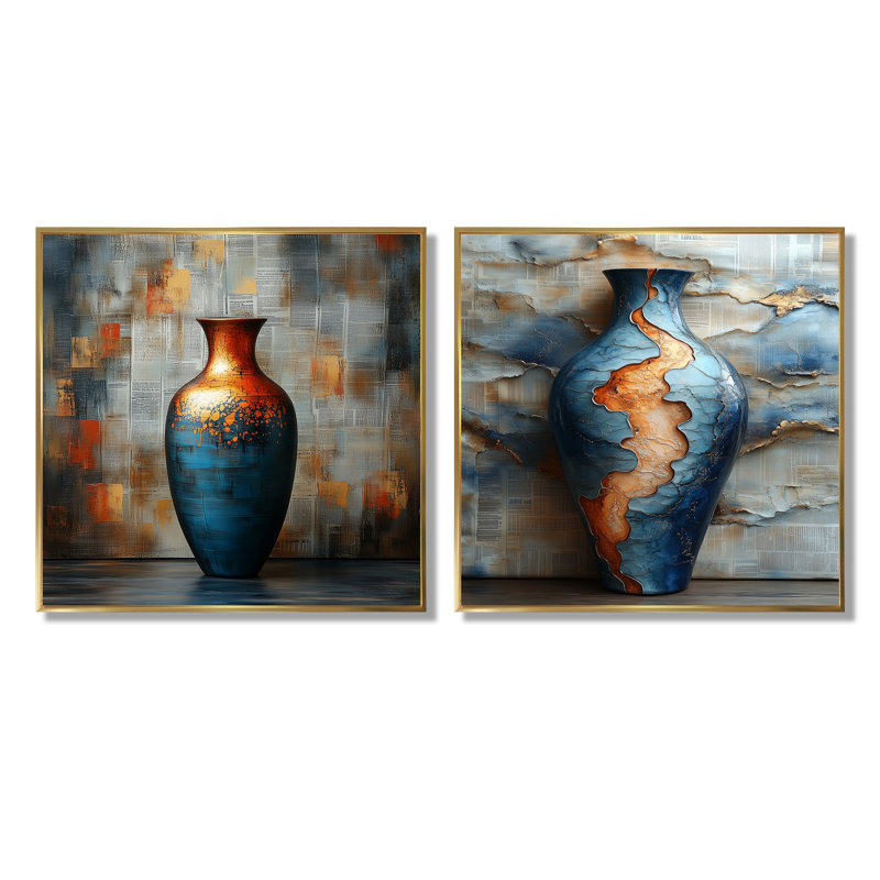 «Golden Blue Celestial Pottery Dreams III - Boho Pottery Wall Art - Art mural traditionnel pour le salon 2 pièces, Doré