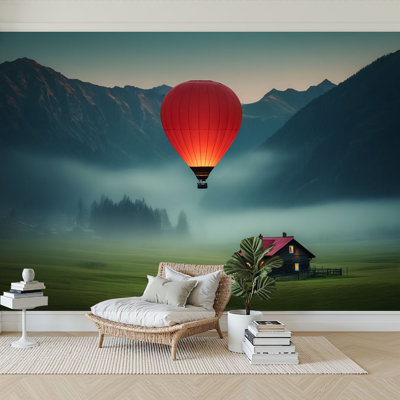 Peel and Stick Wallpaper 96" W x 69" H Modern Self Adhesive Wall Mural for Bedroom Red Hot Air Balloon Floating Green Mountain Valley Cozy Cabin Dusk