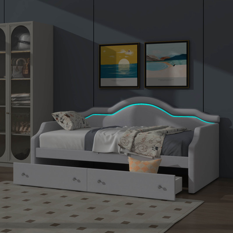 Twin Size Fabric-Upholstered Daybed With LED Lights And Dual Drawers, Beige, Twin