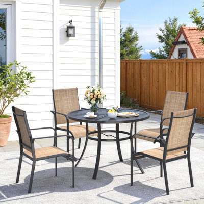 5 Piece Patio Dining Set, Outdoor Dining Table And Chairs Set For 4, 4 PVC-coated polyester Chairs, 1 Iron Round Table With Adjustable Umbrella Hole, Patio Furniture Set For Deck, Backyard, Lawn, Poolside