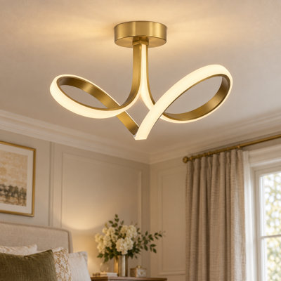 23.5" Led Dimmable Modern Semi-flush Mount Ceiling Light In Brushed Gold Finish For Bathroom, Kitchen Island, And Living Room
