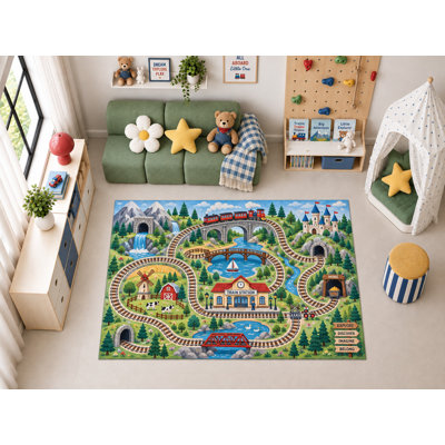 Tapis de sol ultramince 152 x 213 cm (5' x 7') motif train, coloré, idéal pour la salle de jeux, la chambre d'enfant ou la chambre à coucher. Doux et confortable.
