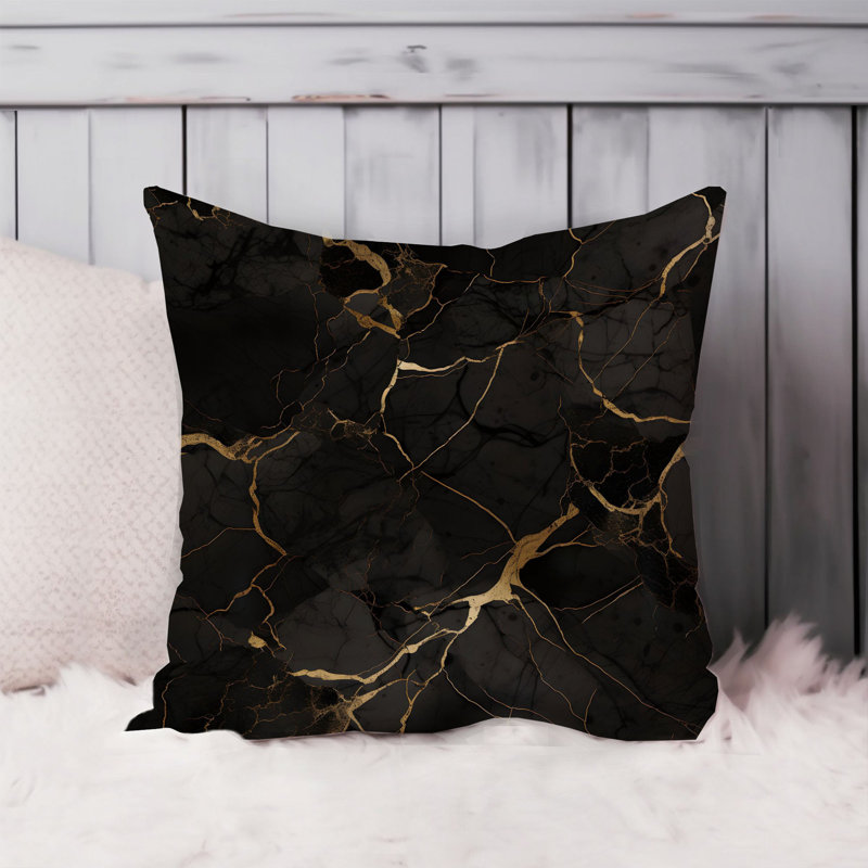 Animals William Morris Birds Damask Pattern I Cottage, 16" H x 16" W, Abstract Black/Gold Crystals Marble Pattern II